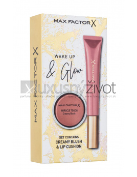 Max Factor Wake Up & Glow, lesk na pery Colour Elixir Lip Cushion 9 ml + lícenka Miracle Touch Creamy Blush 3 g 03 Soft Copper