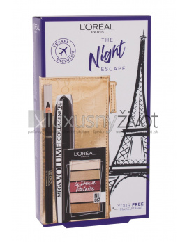 L'Oréal Paris The Night Escape, riasenka Mega Volume Collagene 24H 9 ml + paletka očných tieňov La Petite Palette 4 g Nudist + ceruzka na oči Le Khol Superliner 1,2 g 101 Midnight Black + kozmetická taštička