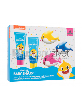 Pinkfong Baby Shark Gift Set, pena do kúpeľa Baby Shark 75 ml + 2in1 šampón a kondicionér Baby Shark 75 ml + hračka do kúpeľa 3 ks